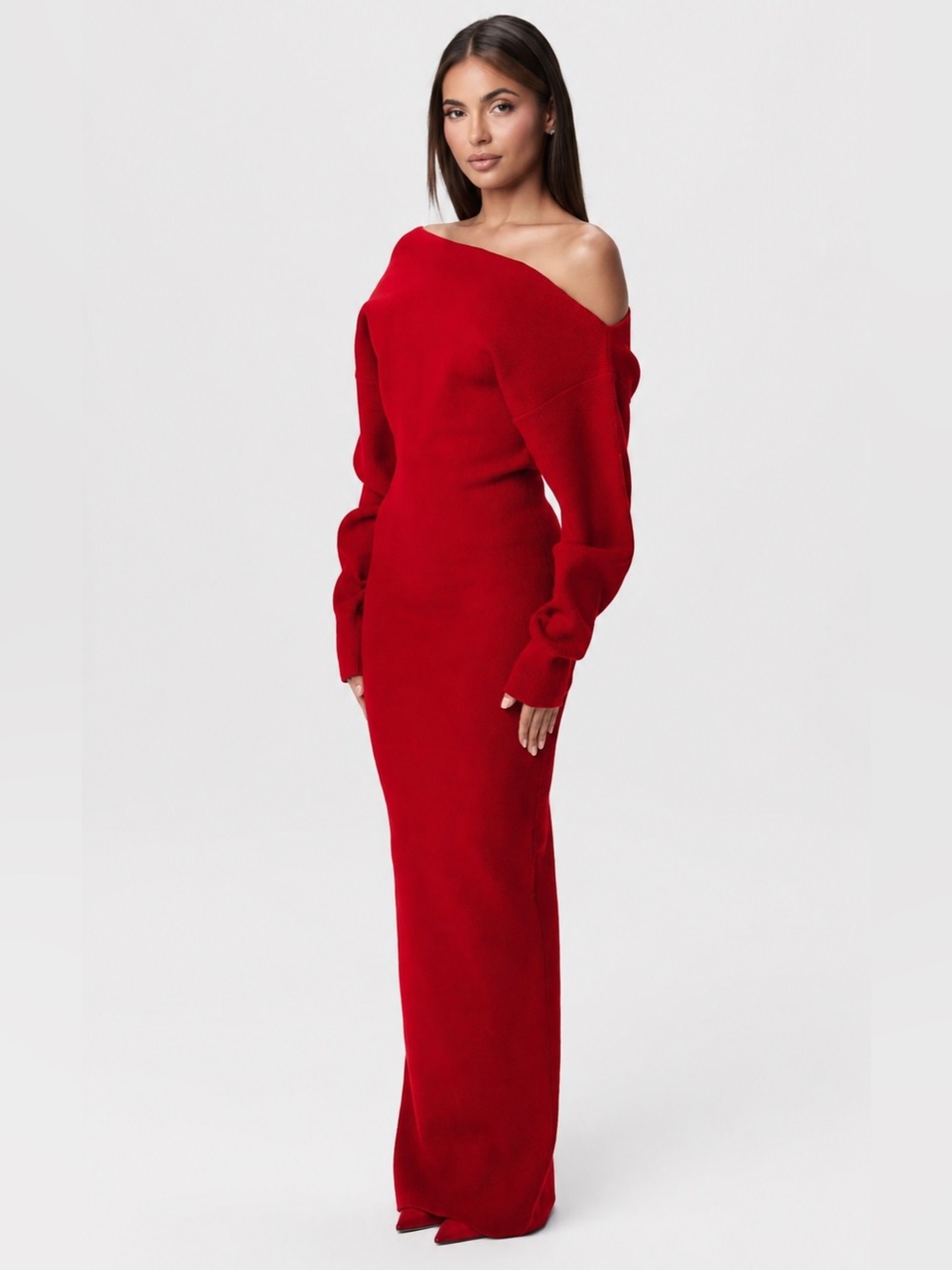 Naked Wardrobe Knit Off-Shoulder Sweater Maxi Dress Red